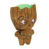 Angled view of Marvel Moodiverse sad Baby Groot plush, brown with stitched wood-like details, large embroidered eyes, and green top accent, showing expressive character design.