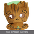 Close-up of Marvel Moodiverse sad Baby Groot plush, brown with wood-like embroidered lines and large teary stitched eyes, emphasizing the expressive facial emotion feature.