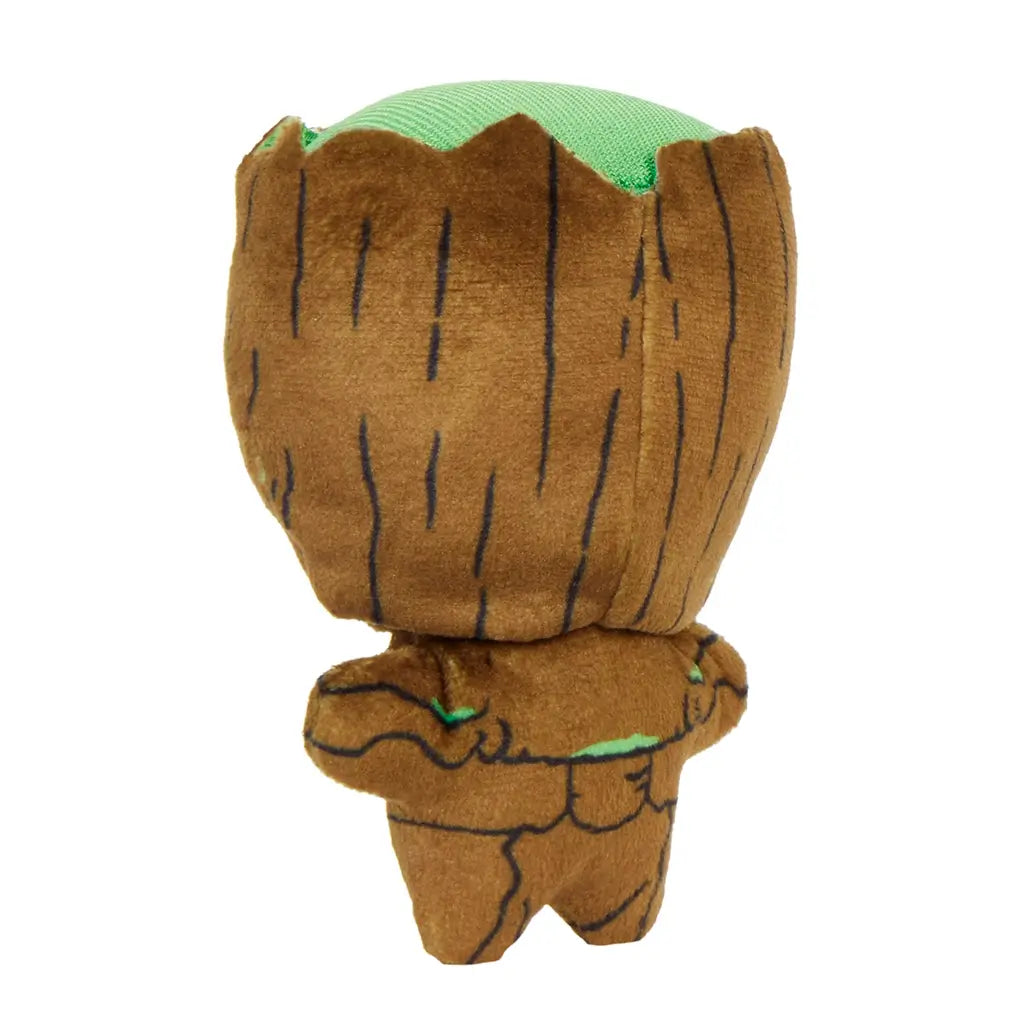 Rear view of Marvel Moodiverse Baby Groot plush in soft brown fabric with vertical stitched lines and green fabric top, highlighting back design and rounded form.