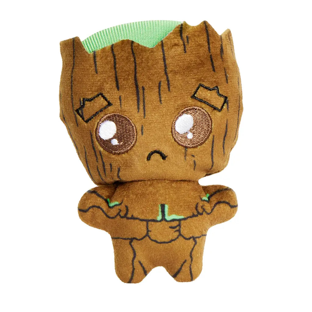 Small Marvel Moodiverse Baby Groot plush in brown velvety material with embroidered sad eyes and green fabric top, designed as a collectible emotional expression toy.