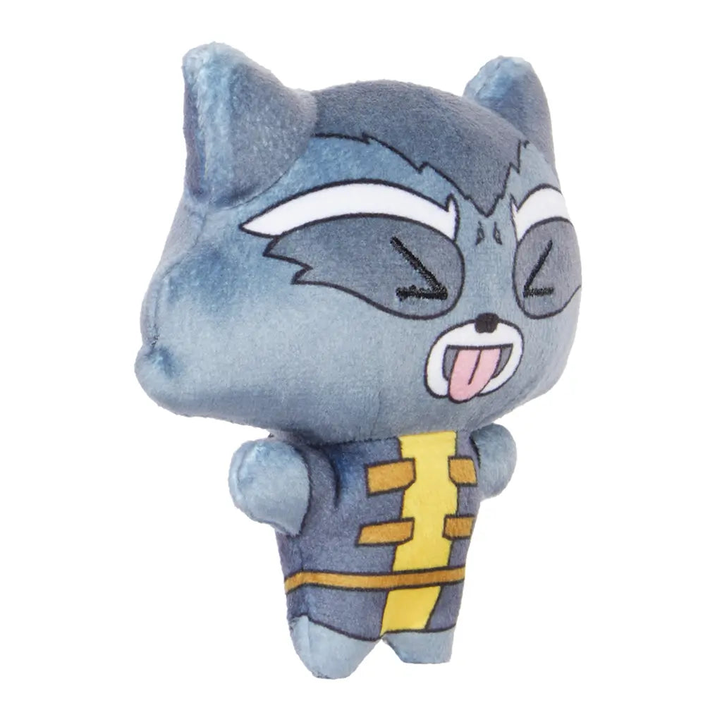 Angled side view of Marvel Rocket plush in Moodiverse style, with soft stitched fabric, wide closed-eye smile, and tongue-out playful look, wearing yellow and gray jumpsuit.