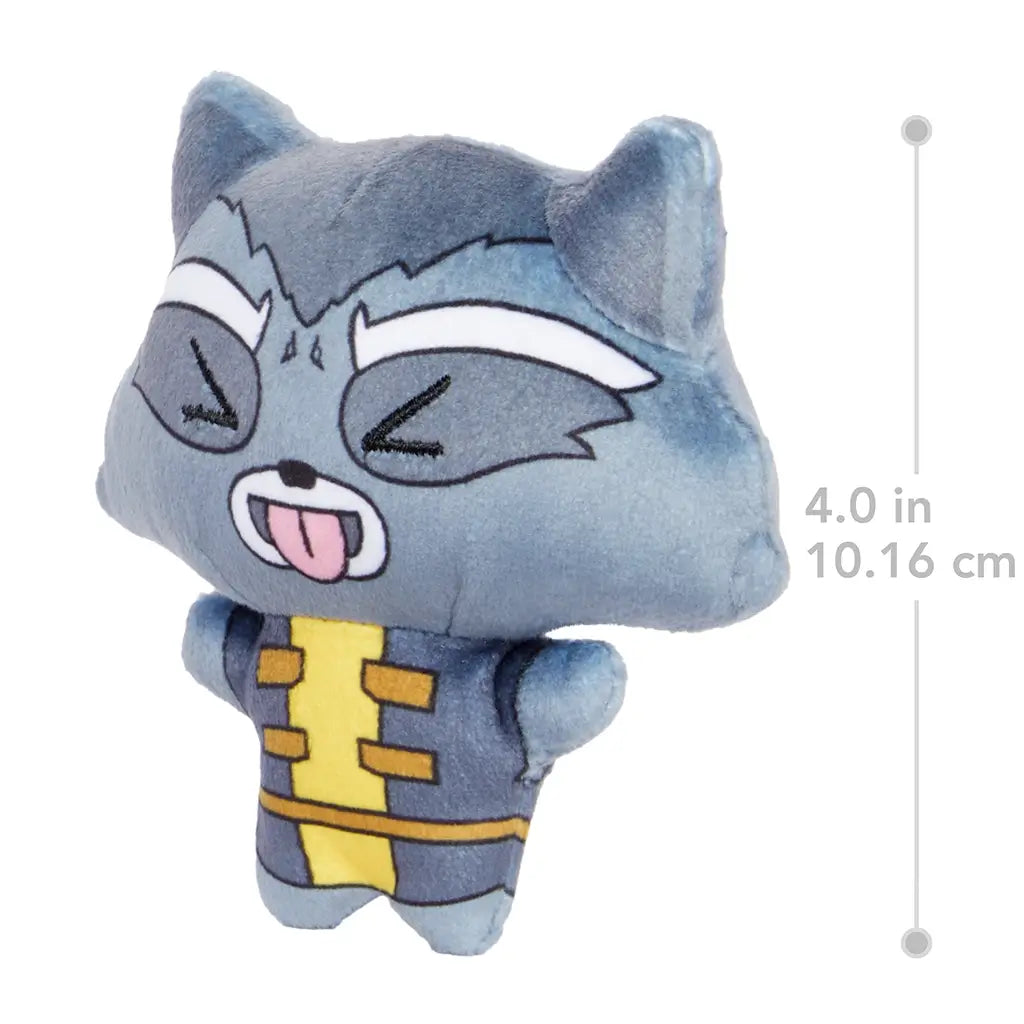 Marvel Moodiverse Rocket Raccoon plush toy in gray and yellow fabric, 4-inch size with embroidered details, tongue-out playful expression, shown beside measurement scale.