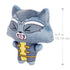 Marvel Moodiverse Rocket Raccoon plush toy in gray and yellow fabric, 4-inch size with embroidered details, tongue-out playful expression, shown beside measurement scale.