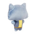 Rear view of Rocket Raccoon plush toy in smooth gray fabric with yellow stripe down back, rounded head, upright ears, and small arms, showing simple design from behind.