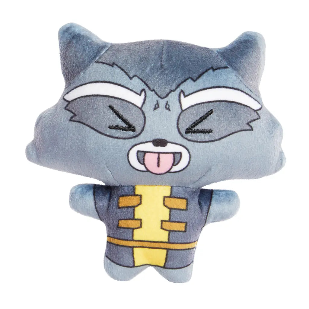 Front view of Marvel Moodiverse Rocket plush, soft gray and blue fabric with bold yellow chest pattern, arms out, eyes closed, and mouth open with tongue out in animated style.