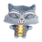 Front view of Marvel Moodiverse Rocket plush, soft gray and blue fabric with bold yellow chest pattern, arms out, eyes closed, and mouth open with tongue out in animated style.
