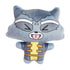 Front view of Marvel Moodiverse Rocket plush, soft gray and blue fabric with bold yellow chest pattern, arms out, eyes closed, and mouth open with tongue out in animated style.