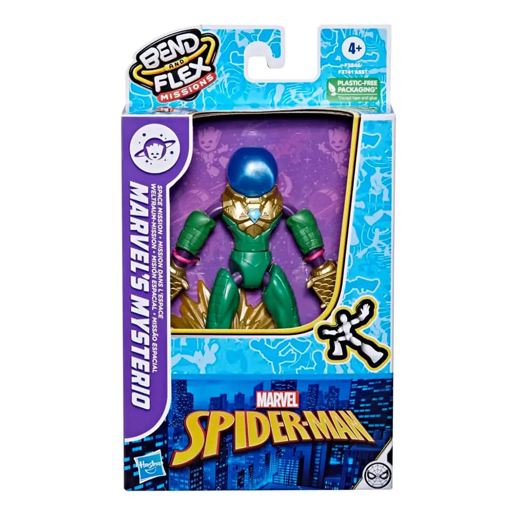 Front of Marvel Spider-Man Bend and Flex Missions Mysterio packaging displaying green and gold action figure with a blue dome helmet inside a purple and blue window box with cityscape graphics and Marvel logo.