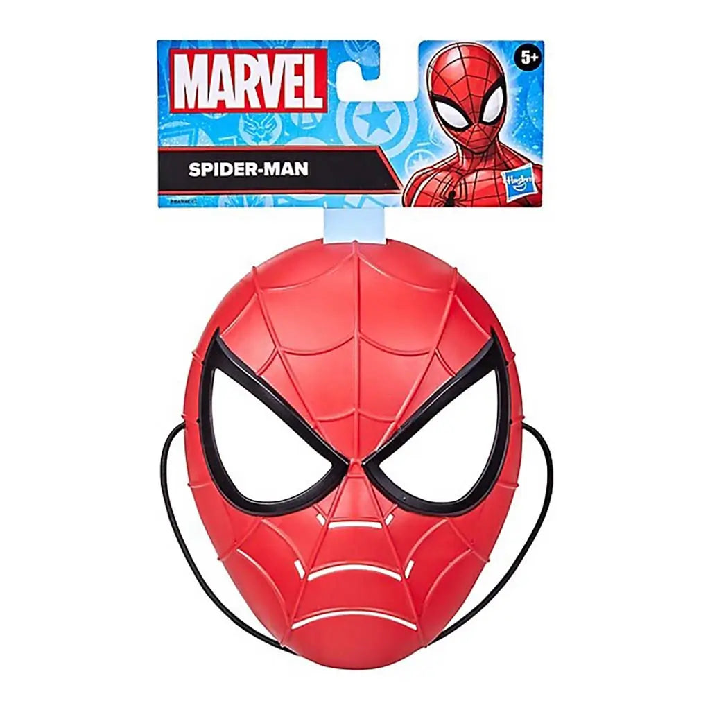 Marvel Spider-Man mask features bright red molded plastic with raised web patterns and bold black eye frames, designed for kids’ costume play and attached to colorful branded character packaging.