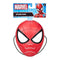 Marvel Spider-Man mask features bright red molded plastic with raised web patterns and bold black eye frames, designed for kids’ costume play and attached to colorful branded character packaging.