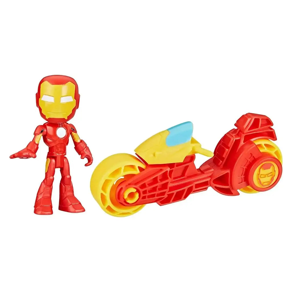 Marvel Iron Man toy motorcycle set features bright red and yellow plastic figure with smooth molded armor standing beside matching futuristic bike with yellow wheels on white background.
