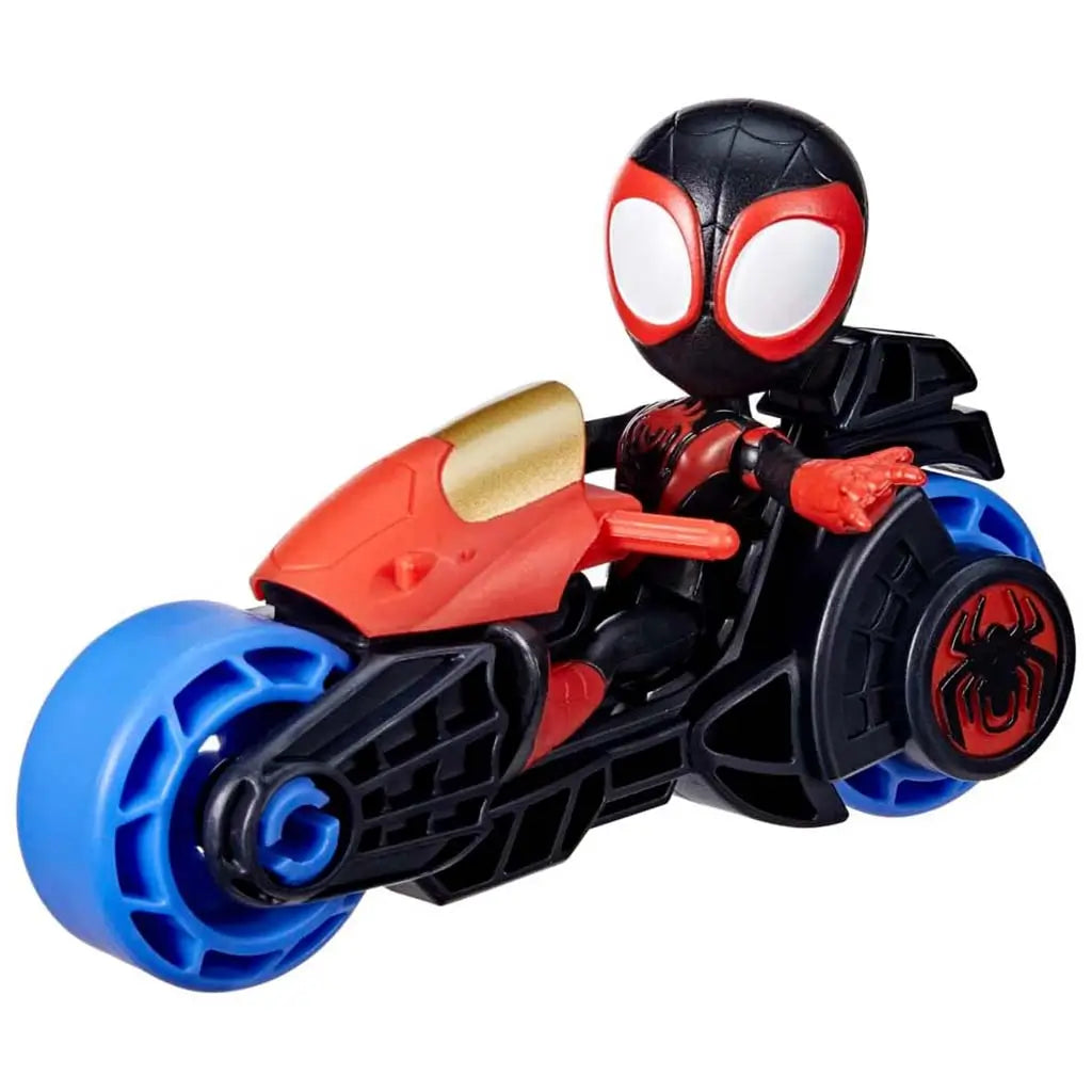 Marvel Miles Morales motorcycle toy features black and red plastic figure riding matching bike with blue wheels and gold windshield, highlighting stylized design against clean white background.