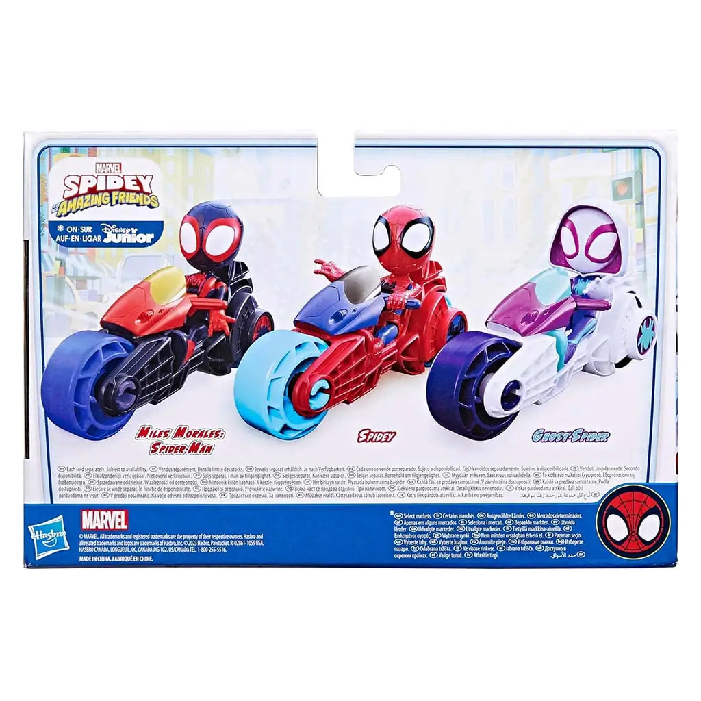 Marvel Spidey and His Amazing Friends package back shows Spidey, Miles Morales, and Ghost-Spider riding brightly colored motorcycles with bold wheels against a city scene and product details below.