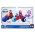 Marvel Spidey and His Amazing Friends package back shows Spidey, Miles Morales, and Ghost-Spider riding brightly colored motorcycles with bold wheels against a city scene and product details below.