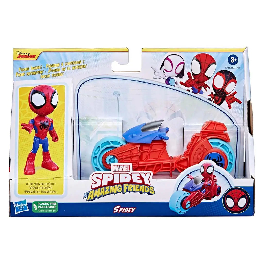 Marvel Spidey and His Amazing Friends Spidey motorcycle set packaging presents articulated Spidey figure and red-and-blue bike with light blue wheels in a clear window box featuring character graphics.