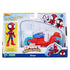 Marvel Spidey and His Amazing Friends Spidey motorcycle set packaging presents articulated Spidey figure and red-and-blue bike with light blue wheels in a clear window box featuring character graphics.