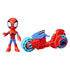 Marvel Spidey motorcycle toy set shows bright red and blue plastic figure beside matching bike with light blue wheels and black windshield, emphasizing playful superhero styling against a white backdrop.