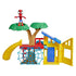 Marvel Spidey playground playset shown folded open with yellow house panels, blue roof, red platform and large tree, revealing web lattice details and movable parts designed for preschool imaginative play.