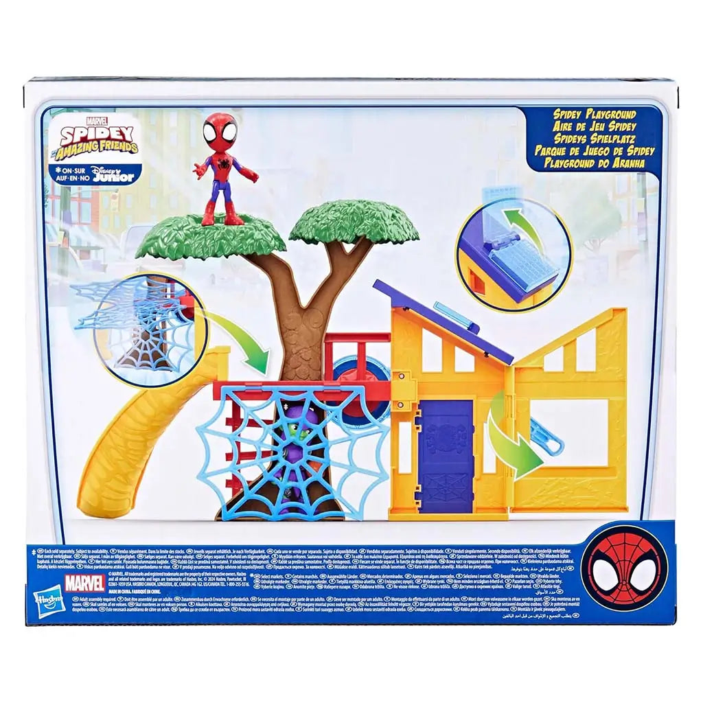 Marvel Spidey playground playset packaging back displays assembled yellow house, tree, blue track and slide with callouts showing action features and multilingual safety text across lower panel.