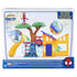 Marvel Spidey playground playset packaging back displays assembled yellow house, tree, blue track and slide with callouts showing action features and multilingual safety text across lower panel.