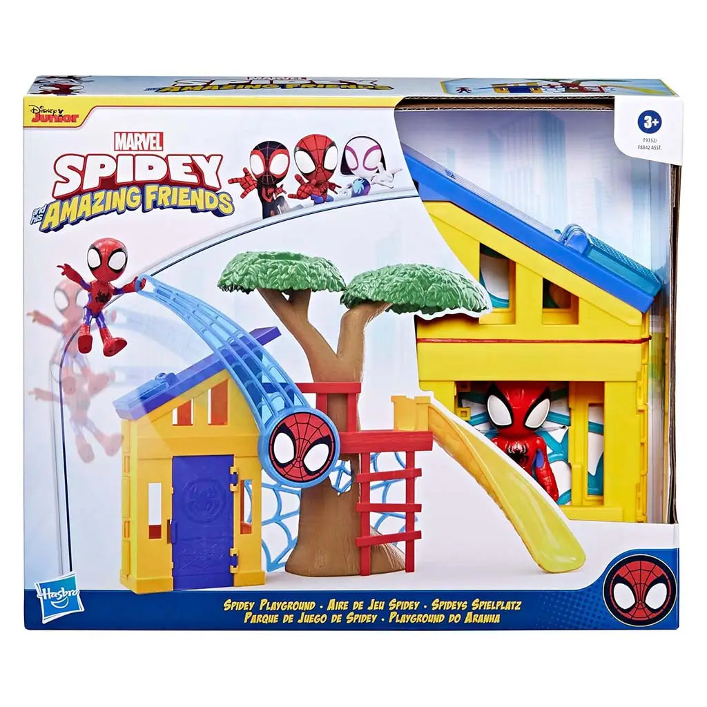 Marvel Spidey playground playset packaging front presents colorful assembled structure with Spidey figure mid-swing on blue track beside tree and yellow slide, framed by bright Disney Junior branding.