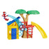 Marvel Spidey playground playset assembled view shows yellow house, brown tree, blue web lattice, red platform and yellow slide with Spidey figure launching off curved blue track for dynamic play.