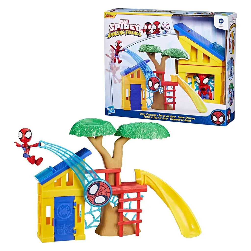 Marvel Spidey playground playset shows bright yellow house, blue slide track, red ladder and tree with green canopy, featuring small Spidey figure posed mid-swing against detailed retail packaging.