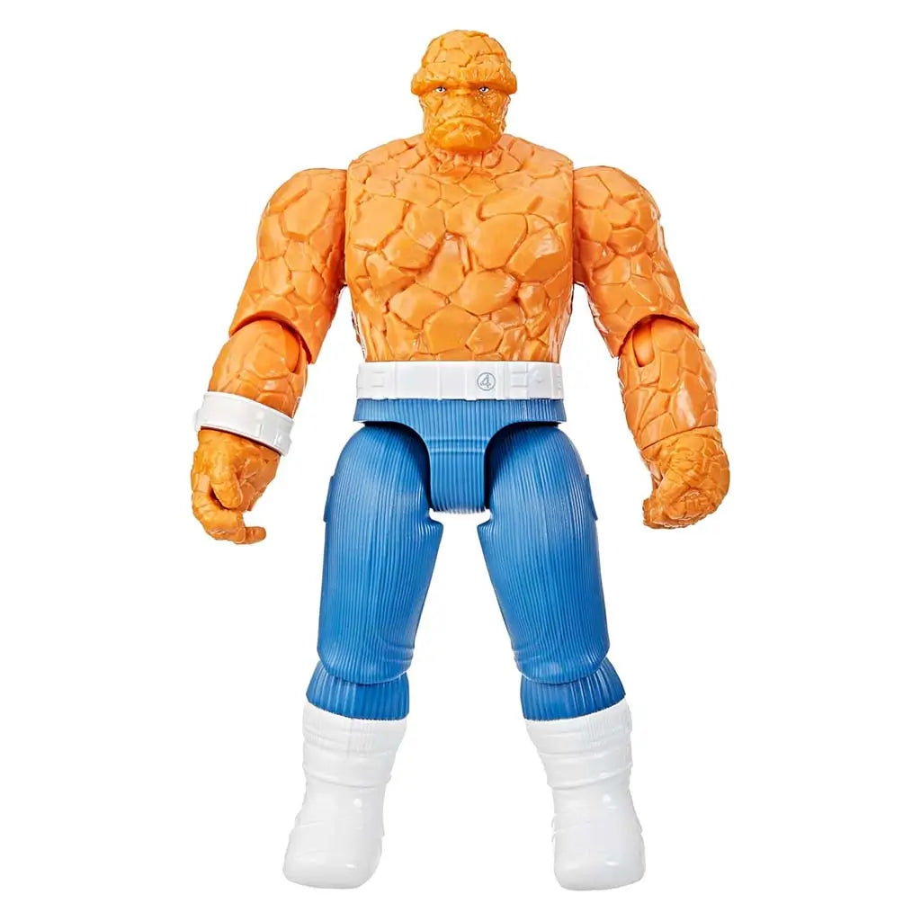 Marvel The Thing figure featuring rugged orange stone-like torso and arms, blue textured pants and white belt, captured in a forward-facing pose against a white backdrop.