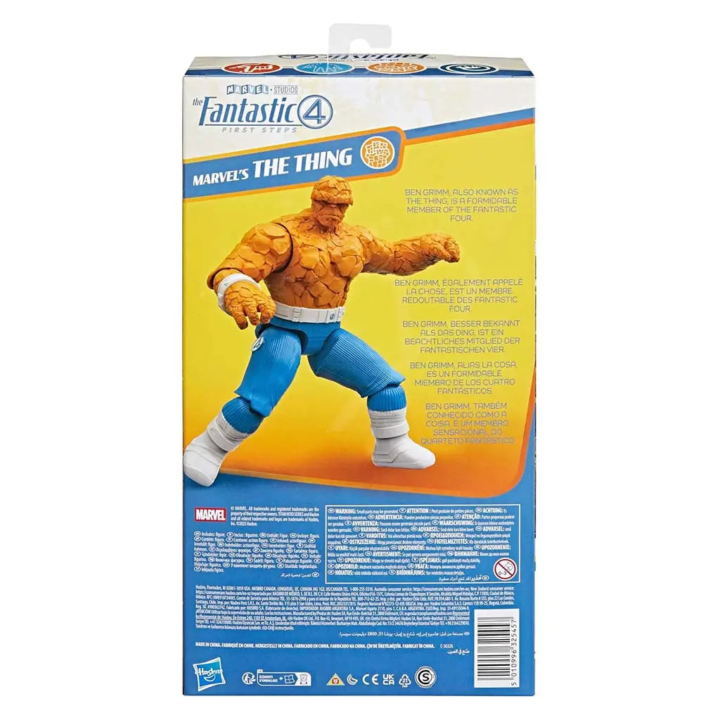 Marvel The Thing action figure packaging back displaying character artwork, product details and multilingual descriptions on a yellow-to-blue gradient background.