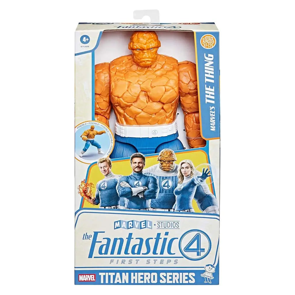 Marvel The Thing action figure boxed in Fantastic Four Titan Hero Series packaging with large window display, character images and blue-themed branding.