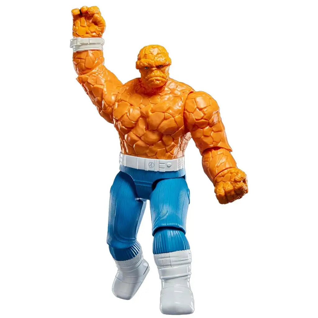 Marvel The Thing figure raising one arm in action pose, highlighting detailed cracked-stone texture, blue pants and white accessories against a plain white background.