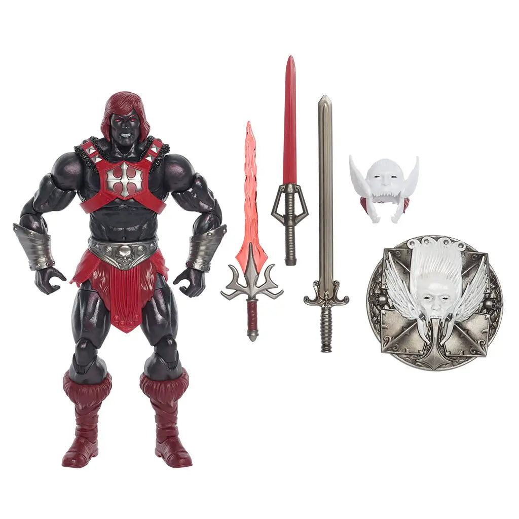 Anti-Eternia He-Man Masters of the Universe New Eternia figure displayed with accessories, including red energy sword, silver sword, shield with sculpted face, alternate head, and helmet, arranged neatly on a white background.