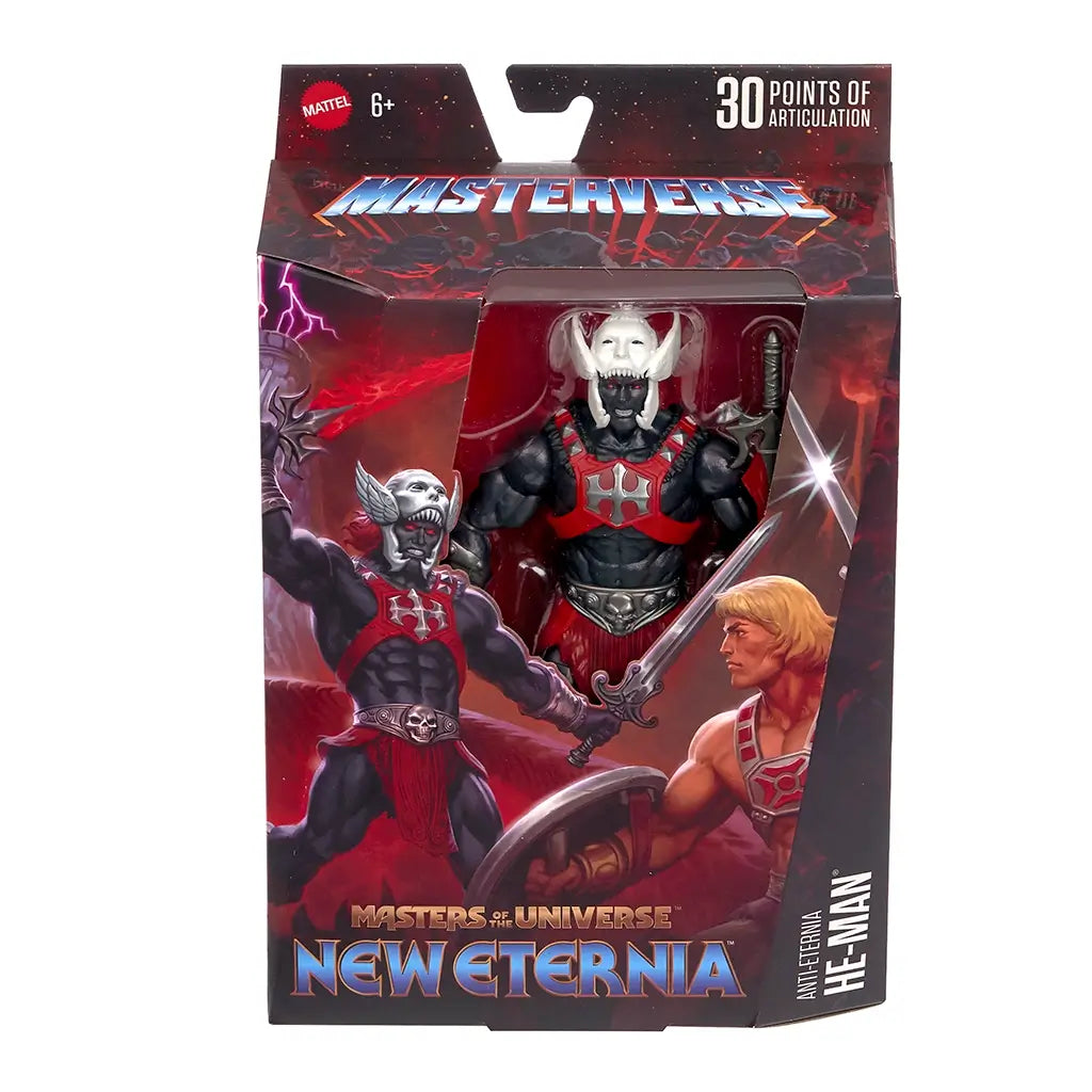 Front view of the Masters of the Universe New Eternia Anti-Eternia He-Man box featuring dramatic character art, window display, 30 points of articulation callout, and the black-and-red armored figure visible inside.