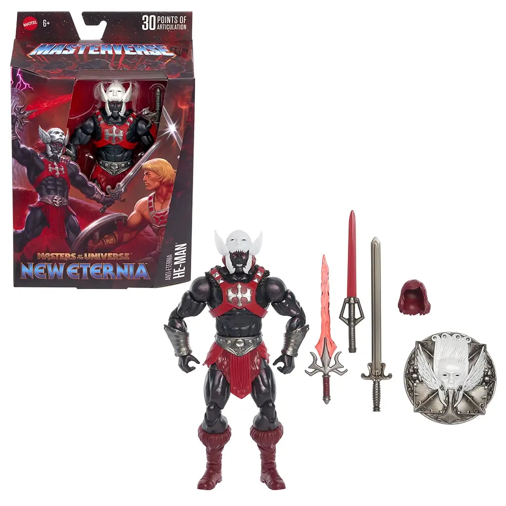 Masters of the Universe New Eternia Anti-Eternia He-Man 7-inch action figure shown with retail packaging, highlighting dark red artwork, character illustration, accessories, and collectible presentation on a clean white background.
