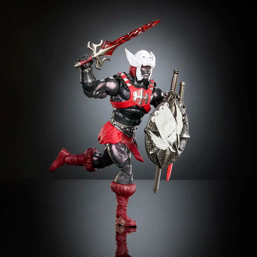 Anti-Eternia He-Man action figure posed dynamically with raised red energy sword and shield, showing black muscular body, red armor accents, white horned helmet, and extensive articulation against a dark studio background.