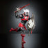 Anti-Eternia He-Man action figure posed dynamically with raised red energy sword and shield, showing black muscular body, red armor accents, white horned helmet, and extensive articulation against a dark studio background.