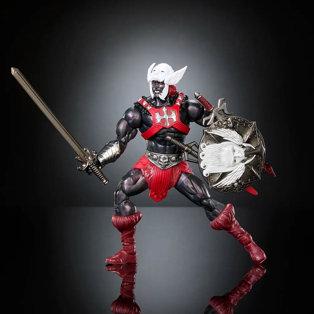 Masters of the Universe New Eternia Anti-Eternia He-Man figure in an aggressive battle stance, featuring black and red color scheme, silver weapons, shield detail, and dramatic lighting that emphasizes articulation and sculpted muscles.