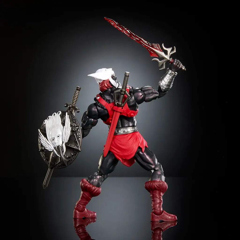 Side view of the Anti-Eternia He-Man New Eternia action figure showing red armored back, black muscular limbs, white horned helmet profile, attached weapons, and balanced pose highlighted against a dark reflective background.