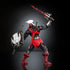 Side view of the Anti-Eternia He-Man New Eternia action figure showing red armored back, black muscular limbs, white horned helmet profile, attached weapons, and balanced pose highlighted against a dark reflective background.