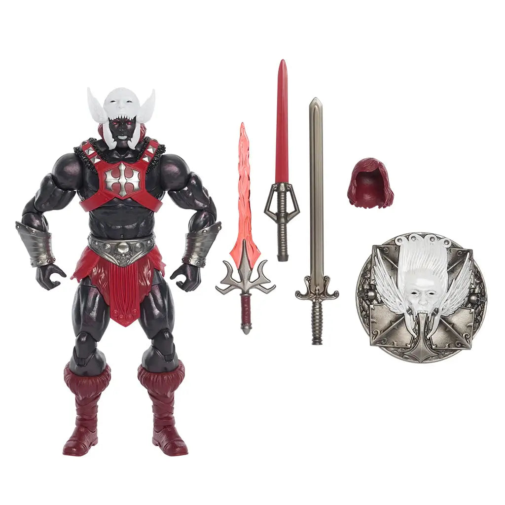 Anti-Eternia He-Man action figure from Masters of the Universe New Eternia in black, deep red, and silver plastic with muscular build, horned white helmet, armored chest harness, fur-textured boots, and fantasy weapons displayed on a white background.