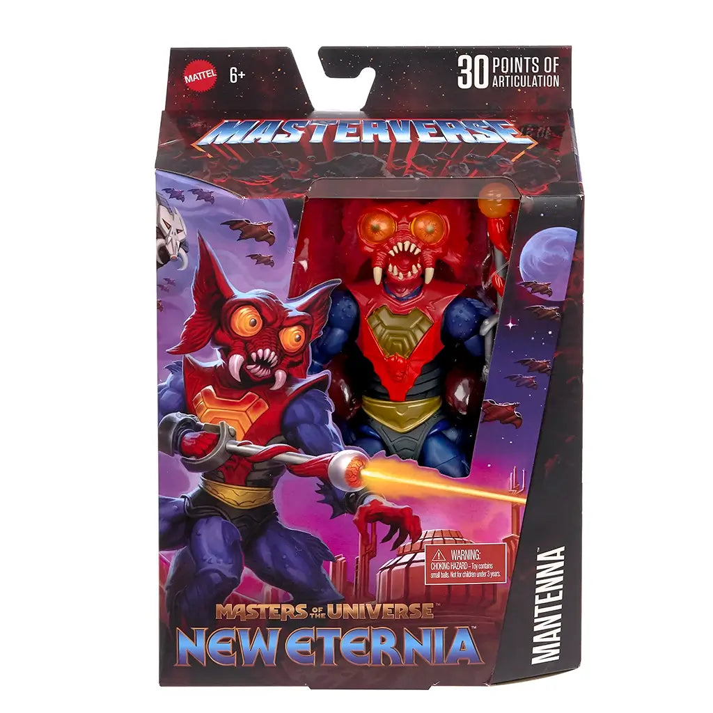 Front view of the Masters of the Universe New Eternia Mantenna action figure box, featuring dramatic character artwork, window display, 30 points of articulation callout, and the red-and-blue insect warrior visible inside.