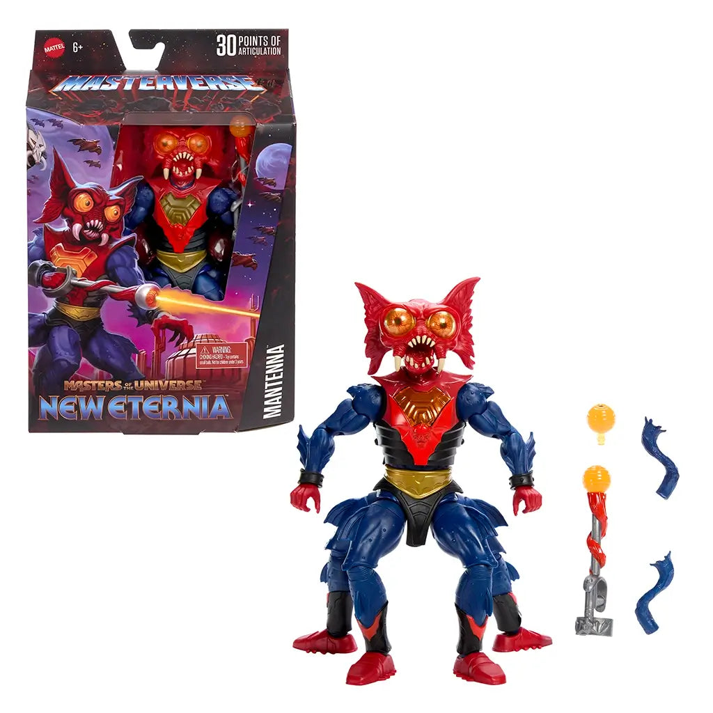 Masters of the Universe New Eternia Mantenna 7-inch action figure displayed with accessories beside retail packaging, highlighting red insect-themed armor, blue body, alternate parts, staff weapon, and collectible presentation on a white background.