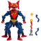 Mantenna action figure from Masters of the Universe New Eternia in glossy red, deep blue, and gold plastic with muscular humanoid build, insect-like head, large yellow eyes, armored chest, clawed boots, and weapon accessories displayed on a white background.