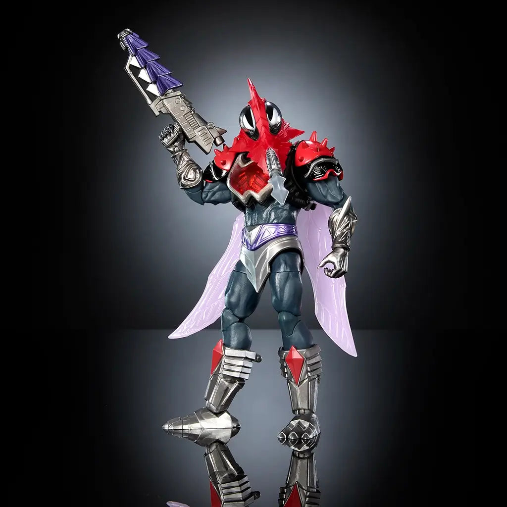 Mosquitor Masters of the Universe New Eternia action figure posed at an angle in red and metallic gray armor, featuring translucent purple wings, detailed chest plating, articulated limbs, and a sci-fi blaster, displayed against a dark studio backdrop.