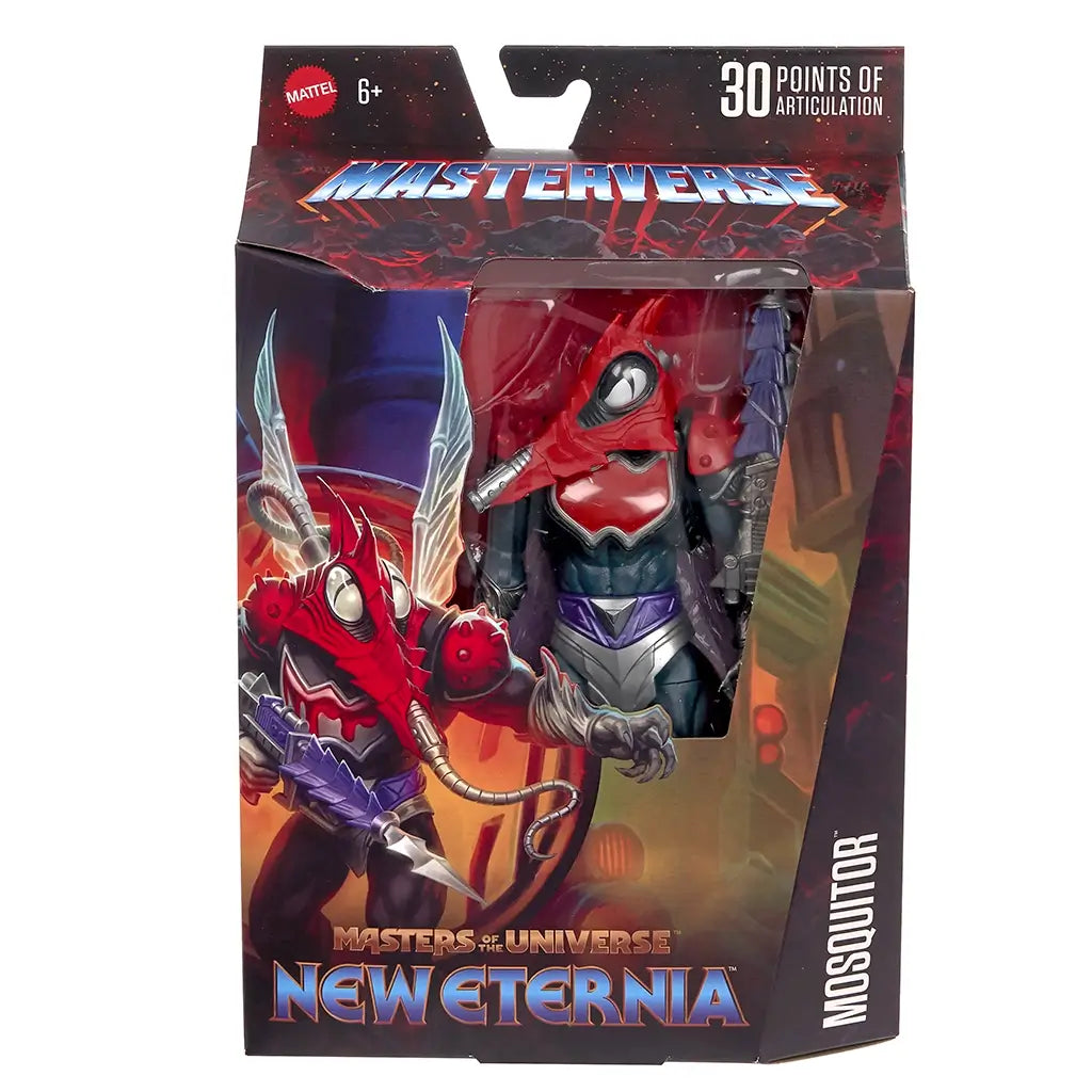 Front view of the Masters of the Universe New Eternia Mosquitor action figure box, featuring character artwork, window display, 30 points of articulation callout, and the red armored insect-themed figure visible inside the packaging.