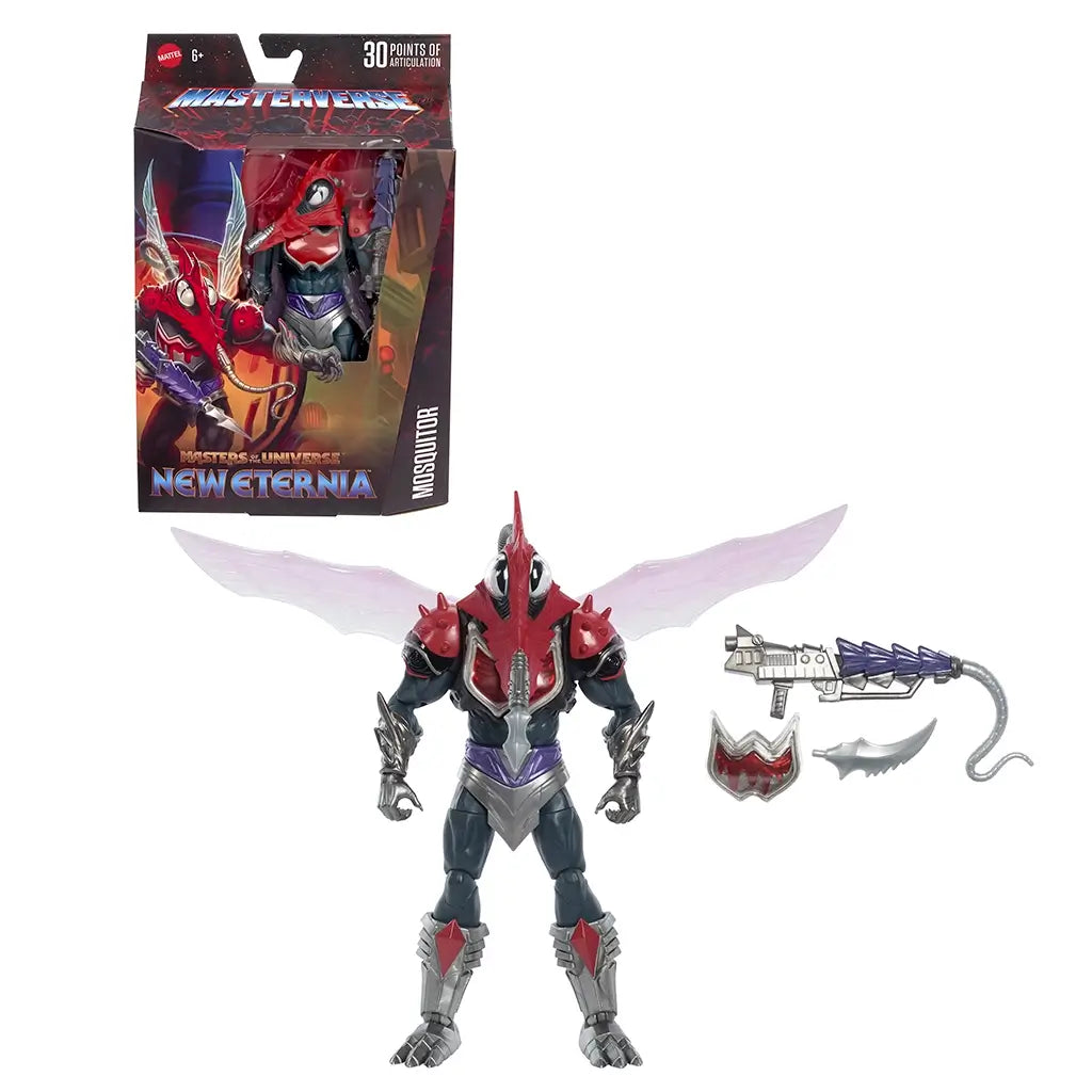 Masters of the Universe New Eternia Mosquitor 7-inch action figure shown with accessories and retail packaging, highlighting red insect armor, translucent wings, alternate chest piece, weapon parts, and collectible presentation on a white background.