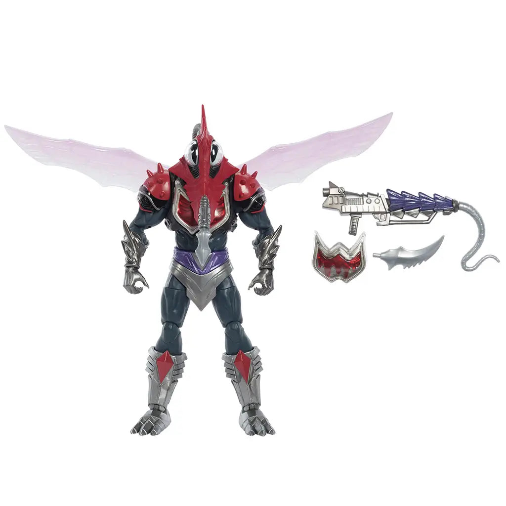 Mosquitor action figure from Masters of the Universe New Eternia shown in red, dark gray, and silver plastic with translucent wings, insect-style helmet, armored torso, and clawed boots, standing upright with weapon accessories on a white background.