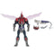 Mosquitor action figure from Masters of the Universe New Eternia shown in red, dark gray, and silver plastic with translucent wings, insect-style helmet, armored torso, and clawed boots, standing upright with weapon accessories on a white background.