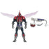 Mosquitor action figure from Masters of the Universe New Eternia shown in red, dark gray, and silver plastic with translucent wings, insect-style helmet, armored torso, and clawed boots, standing upright with weapon accessories on a white background.