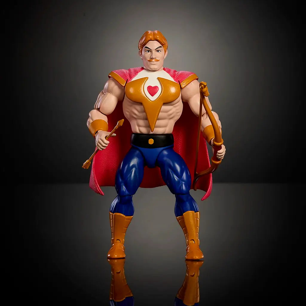 Front view of Bow action figure from Masters of the Universe Origins, showing tan plastic skin tone, gold chest armor with heart emblem, blue pants, red textured cape, and confident standing pose on a dark studio backdrop.